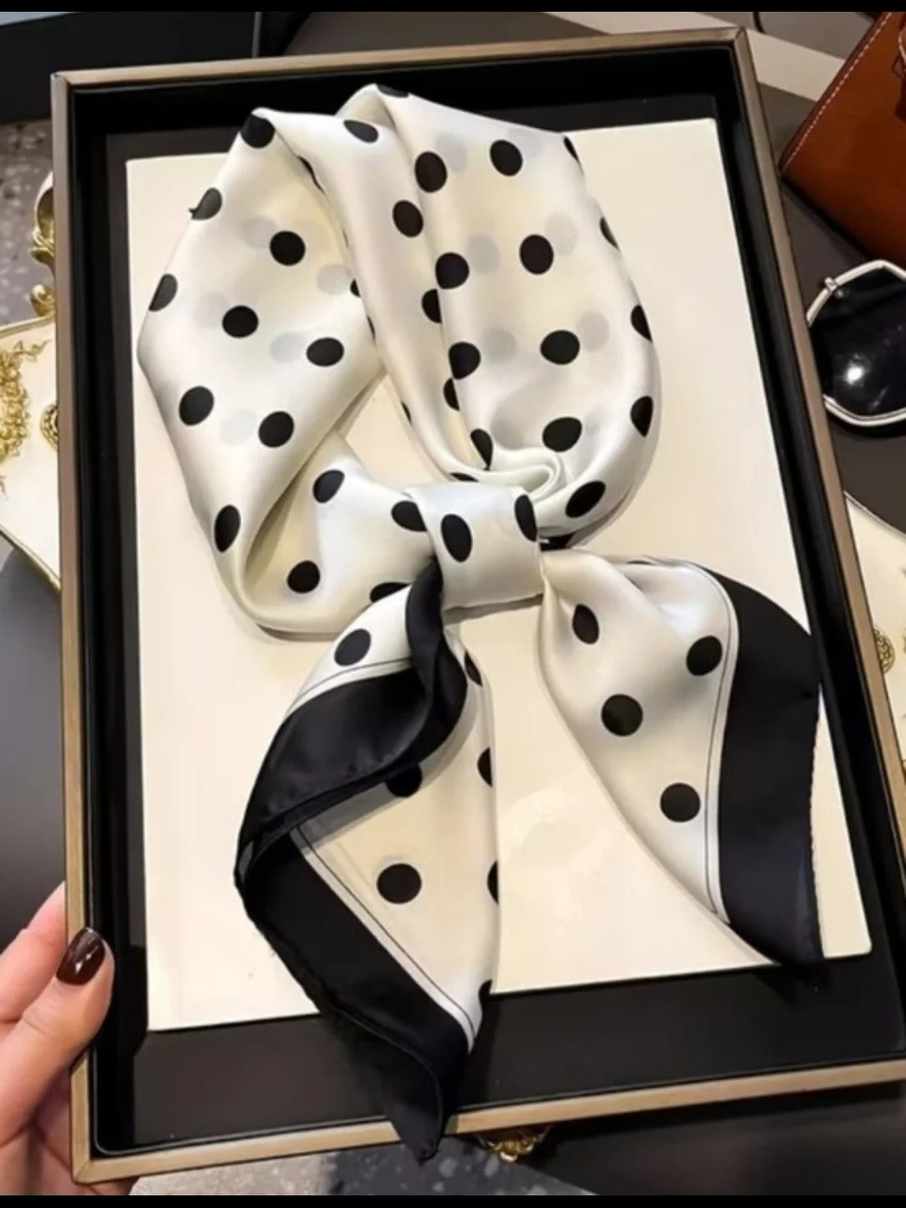 Silk-feel Black & White Polka Dot Scarf Head Scarf, Neck Scarf